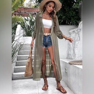 Open Front Summer Coat Roll Tab Sleeve / Size Small / Hunter Green